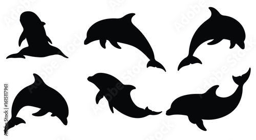 Silhouette vector set a pod of dolphins leaping gracefully out of the water in a silhouette against a white background