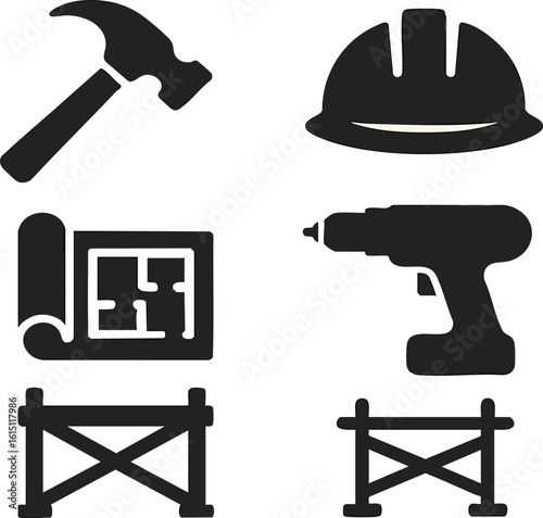 Construction renovation building architecture blueprint hammer drill helmet fence safety tools project