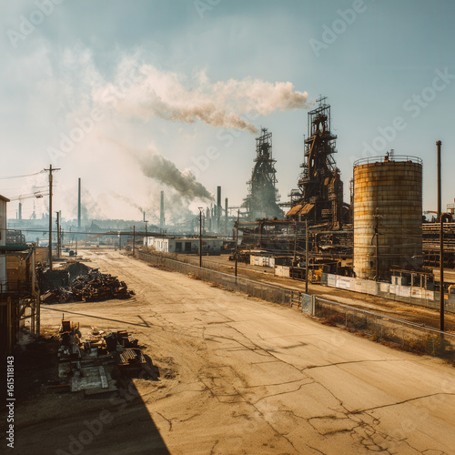Industrial factory with smoke rising from tall chimneys on a sunny day, viewed from the street. Urban environment with clear blue sky, pollution industry contrast against peaceful suburban surrounding