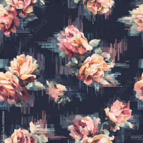 Abstract Floral Pattern with Vibrant Roses on Dark Background.