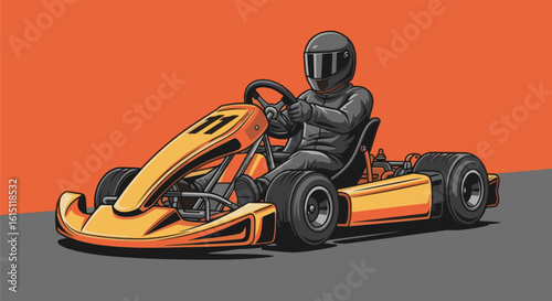 A go-kart racer in full gear sits in a bright yellow kart with the number 01 against an orange backdrop, ready for a race.