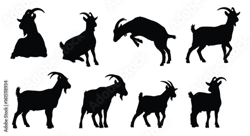 Silhouette vector set a collection of four black goat silhouettes in various dynamic poses on a white background