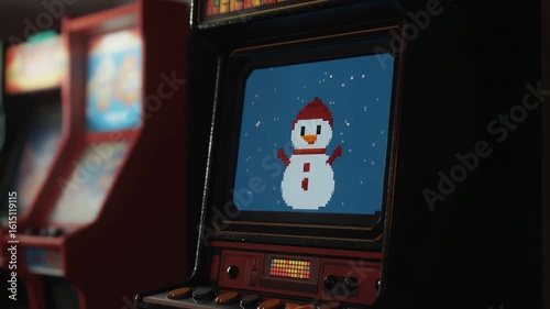 Colorful retro arcade machine displaying cheerful snowman in snowy backdrop