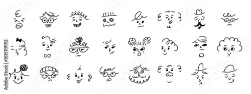Hand drawn crayon emoji faces set. Cute doodle style cartoon expressions with various emotions. Sketch emoticons