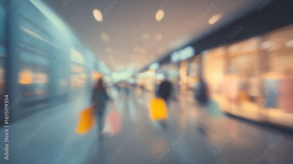 Fototapeta premium Blurred Motion of Shopping Mall Background with Shoppers Carrying Bags for E-Commerce, Advertising and Social Media Visuals