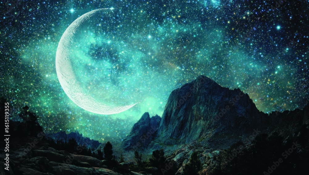 Fototapeta premium Night scene featuring a large crescent moon dominating a star-filled teal sky above dark, jagged mountains and a rugged, shadowy foreground landscape