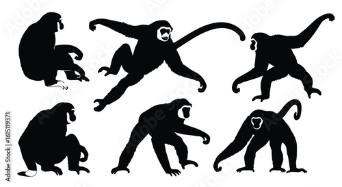 Silhouette vector set silhouettes of gibbons in dynamic poses, swinging and jumping through trees