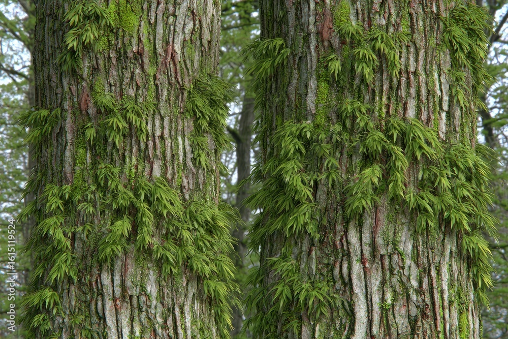 Obraz premium Two tree trunks covered in vibrant green moss