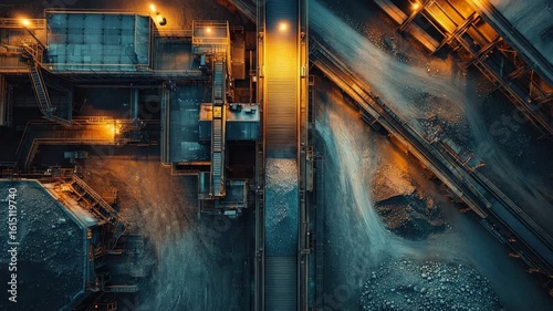 Aerial view of mining site with illuminated machinery and mineral piles