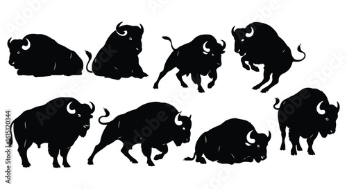 Silhouette vector set a collection of black buffalo silhouettes in various dynamic poses against a white background