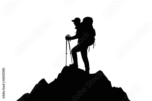 Hiker on mountain peak summit backpack