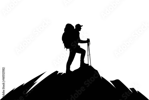 Hiker on mountain peak with trekking poles silhouette