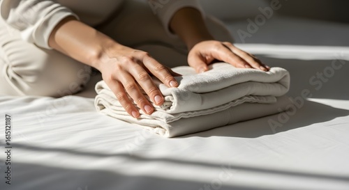 Woman Folding Fresh Cream Linens on White Bed in Morning Light