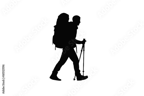Hiker with backpack and trekking poles walking silhouette