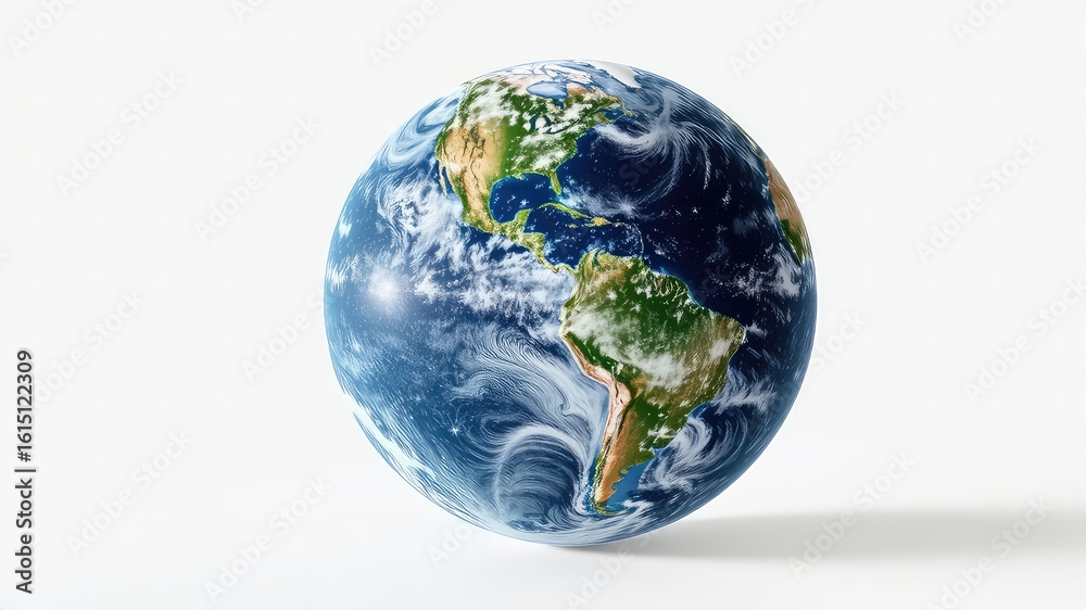 Fototapeta premium Planet concept with detailed topographic features, swirling cloud patterns, and a vibrant aquatic expanse