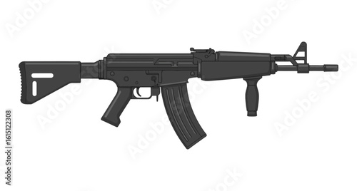 A black Galil ACE assault rifle is displayed in a side view, showcasing its stock, magazine, grip, and barrel against a plain white background.