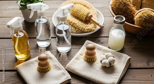Eco-friendly Cleaning Supplies on Rustic Wood Surface