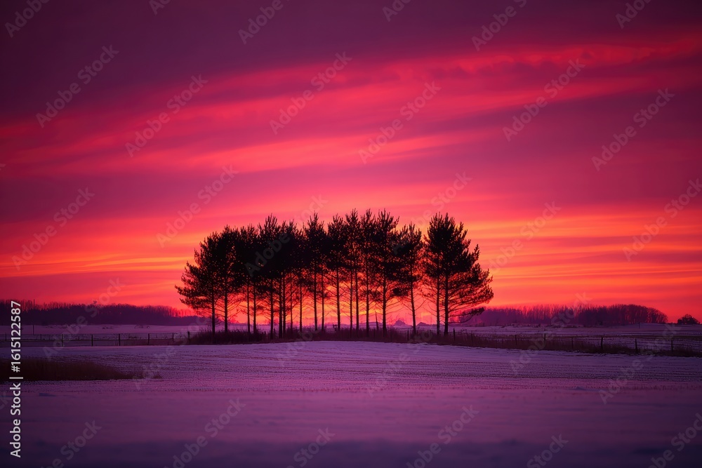 Fototapeta premium Silhouetted trees against a vibrant winter sunset