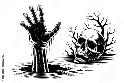 Zombie hand and skull emerging from water dead