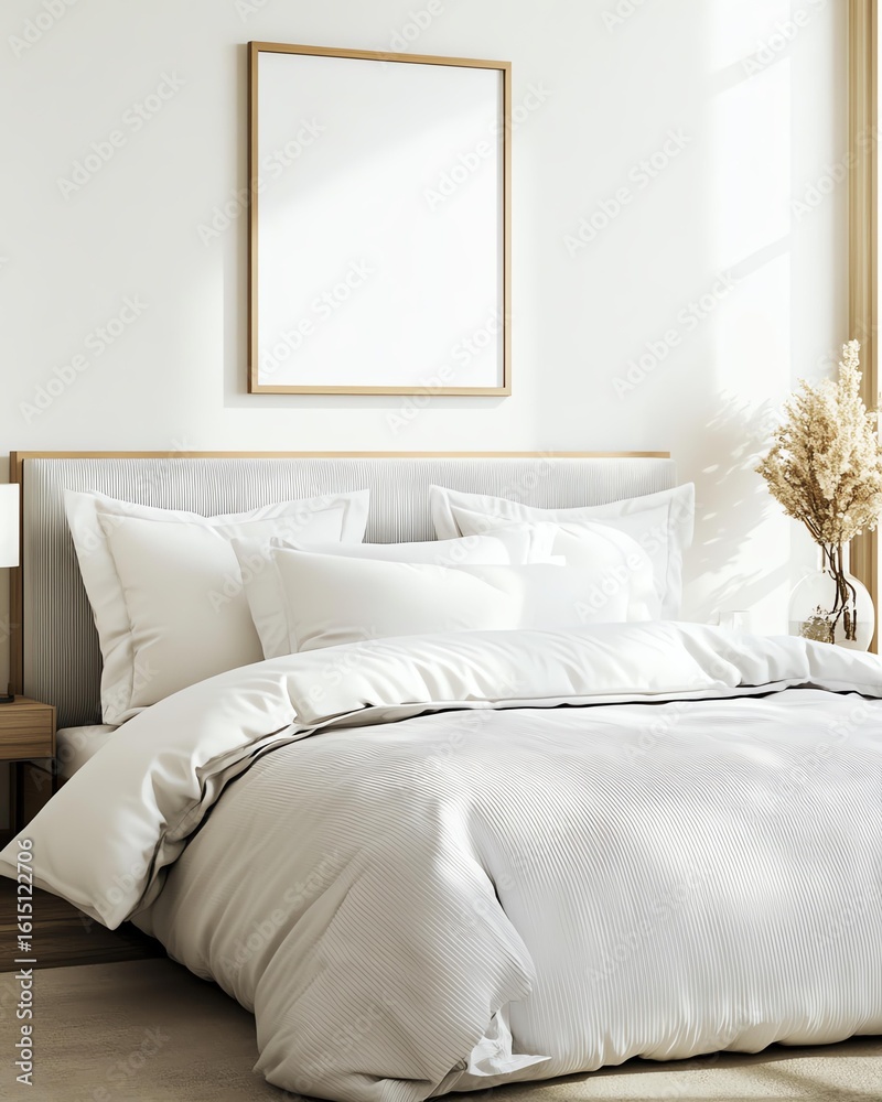 Naklejka premium Cozy white bedding in a serene bedroom setting.