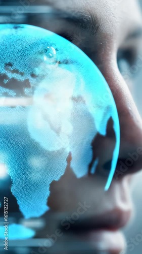 Close-up of human face with digital elements reflecting in blue tones, showcasing emotion and technology