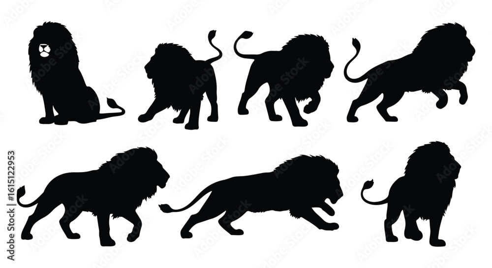 Naklejka premium Silhouette vector set a collection of black lion silhouettes in various dynamic poses against a white background