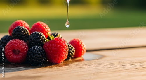 Fresh Red Raspberry and Dark Blackberry Pile with Dripping Liquid on Wood Surface