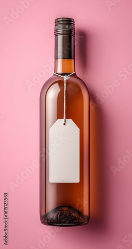 Glass bottle with a brown tint and dark cap, featuring a blank white tag hanging from its neck against a solid pink backdrop
