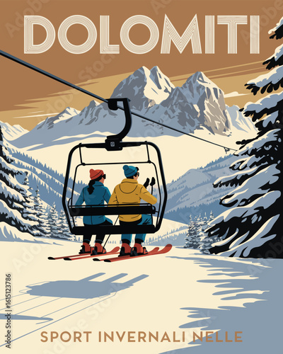 Vintage travel poster of Italy’s Val Gardena ski resort showing snowy Dolomite summits, evergreen woods, alpine lodge architecture, joyful skiers on powder slopes, crisp winter wonderland in retro gra