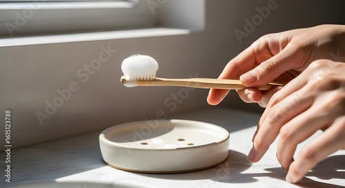 Hand Holding Foamy Toothbrush Near Ceramic Dish on Counter