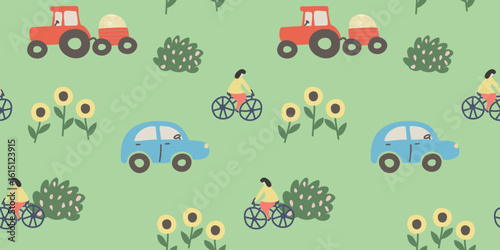 Seamless countryside pattern with tractor, car, bicycle and sunflowers