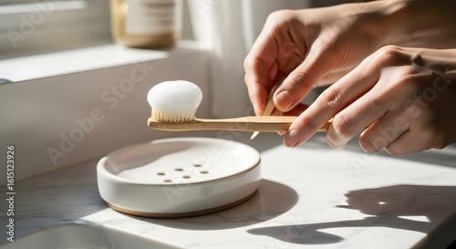 Person Holds Bamboo Toothbrush with White Foam in Bright Bathroom