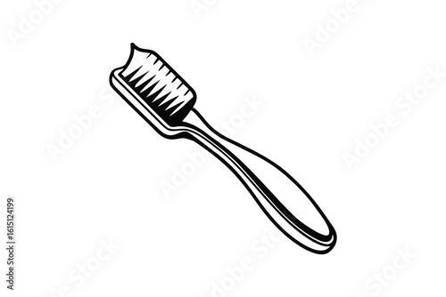 A simple black and white line drawing silhouette of a toothbrush with bristles isolated on white background