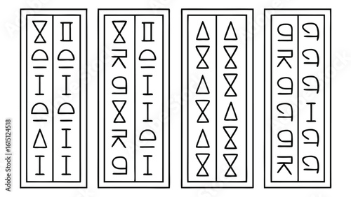 Ancient script samples with geometric and abstract symbols