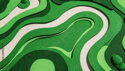 Abstract paper layers form a topographical map or golf course scene, featuring shades of green and cream in undulating, curved lines. The textures are felt-like