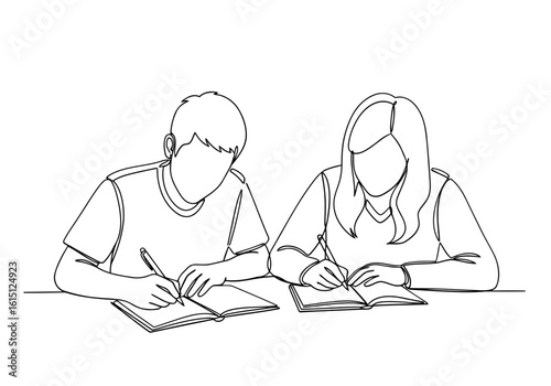 Vector art of two children diligently studying and writing in notebooks