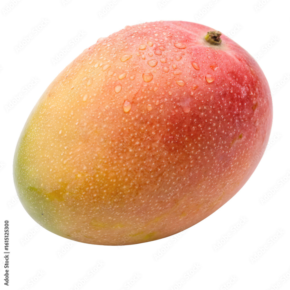 Fototapeta premium Ripe mango with beautiful red-yellow gradient coloring and natural water droplets covering the smooth curved surface, isolated on a transparent background