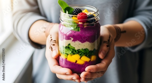 Hands Holding Layered Colorful Smoothie Jar with Berries and Mango