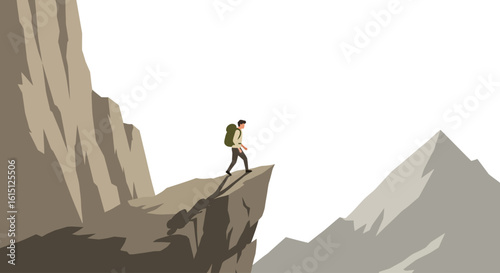 Flat Vector Solo Hiker on Narrow Mountain Ridge with Backpack