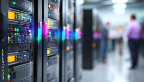 Server room racks with blinking lights in a focused foreground, blurred people work in the bright background, creating a techy, high-tech aesthetic