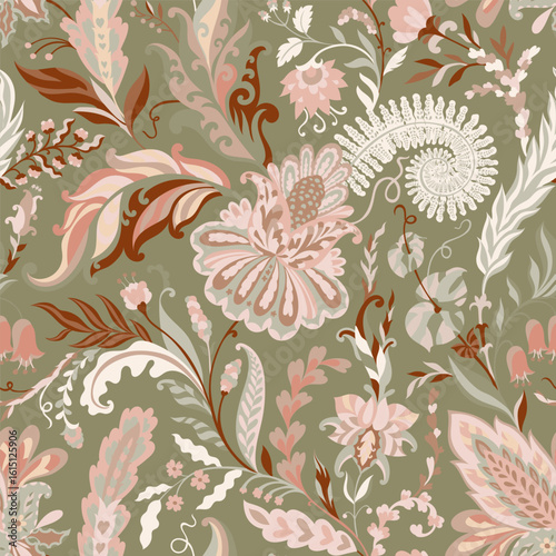 Olive Vintage Garden Floral Pattern