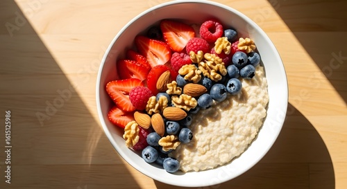 Breakfast Bowl with Fresh Strawberries, Blueberries, and Nuts on Wooden Table