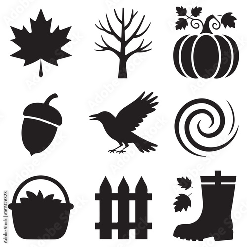 Collection of autumnal icons in silhouette featuring maple leaf acorn pumpkin crow tree fence and boot