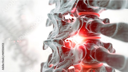 Human Spine Pain: 3D medical illustration of a vertebral column with a red glowing, inflamed intervertebral disc, indicating injury.