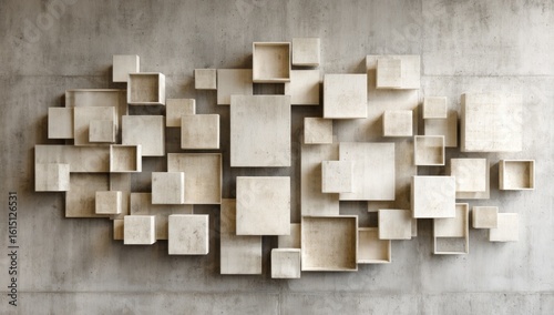 Abstract wall art A concrete wall is adorned with numerous light beige/white square boxes of varying sizes, arranged seemingly randomly