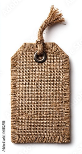 Rustic burlap tag with frayed edges, metal eyelet, and a twine loop. Simple price tag style on a white background, casting a soft shadow