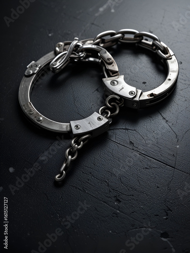 Metal chain handcuffs on black table, closeup. Space for text