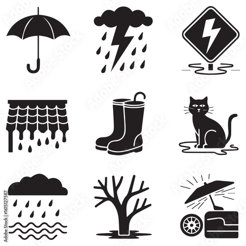 Collection of black and white weather icons representing rain storms and protection against elements