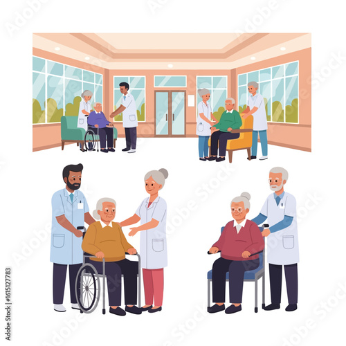 Four scenes depict elderly patients being cared for by nurses and doctors in a bright, spacious healthcare facility.