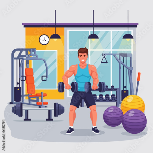 Muscular man weight training in a modern gym, surrounded by fitness equipment.
